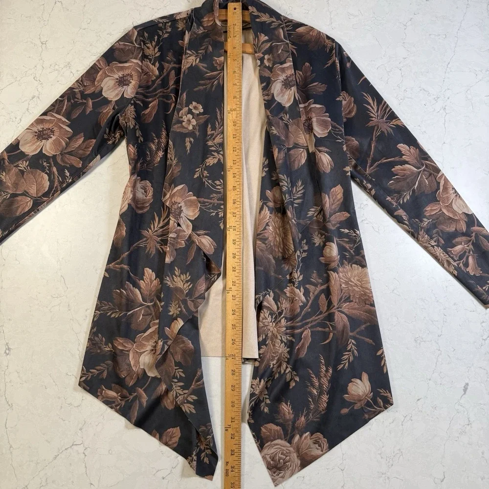 Soft Surroundings Draped Shape Faux Suede Open Front‎ Jacket Botanical Floral S